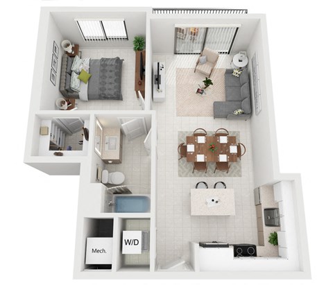 Floor plan for 1 bed, 1 bath, 719 sqft
